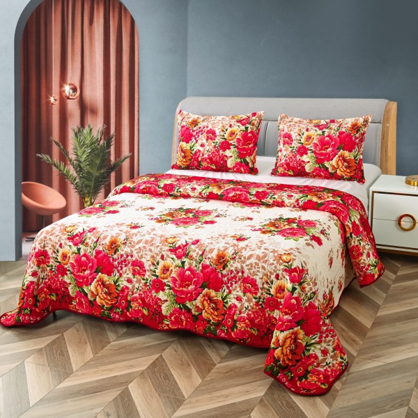 Cuvertura de Pat 3 Piese - Bumbac Satinat, Rosu-Multicolor, flori, CBS-013