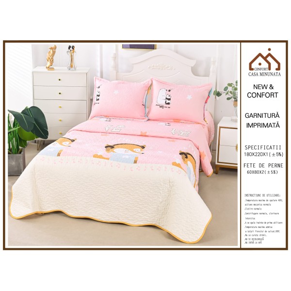 Cuvertura de Pat 3 Piese - Bumbac Satinat, Roz-Multicolor, love, CBS-027