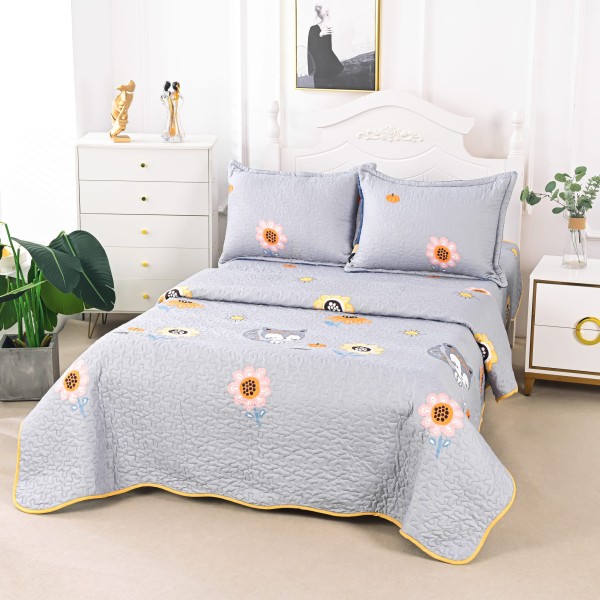 Cuvertura de Pat 3 Piese - Bumbac Satinat, Gri-Multicolor, flori, CBS-021