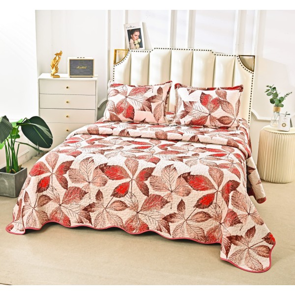 Cuvertura de Pat 3 Piese - Bumbac Satinat, Maro-Crem, frunze, CBS-022