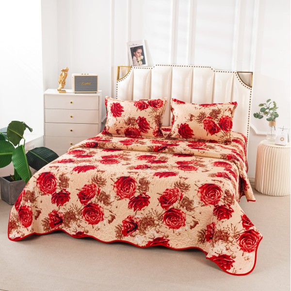 Cuvertura de Pat 3 Piese - Bumbac Satinat, Crem-Rosu, flori, CBS-007