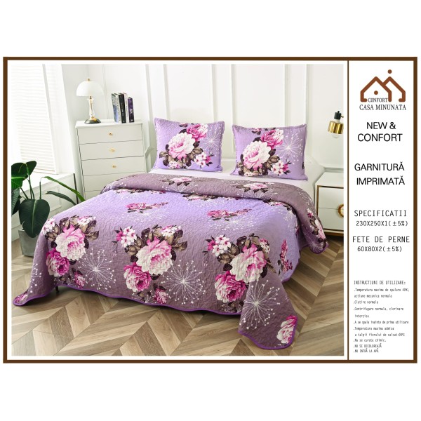 Cuvertura de Pat 3 Piese - Bumbac Satinat, Mov-Multicolor, flori, CBS-026