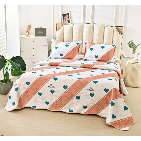 Cuvertura de Pat 3 Piese - Bumbac Satinat, Alb-Bej, linii, CBS-001