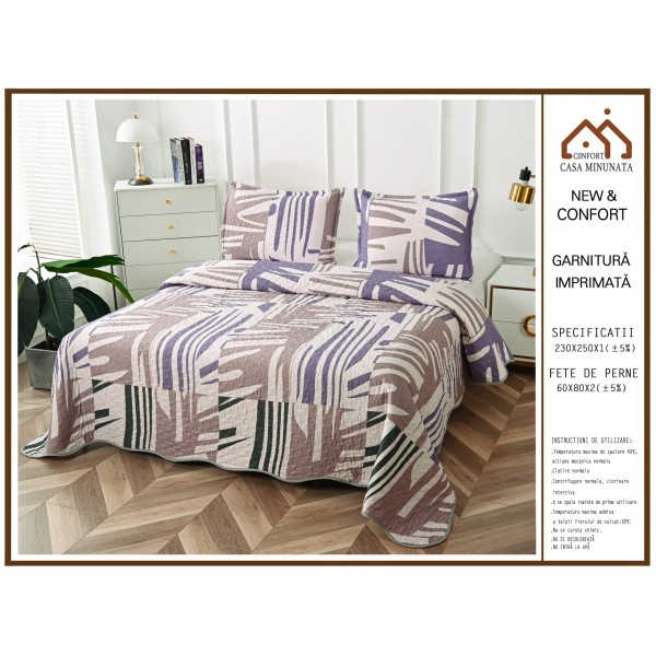 Cuvertura de Pat 3 Piese - Bumbac Satinat, Alb-Multicolor, linii, CBS-017