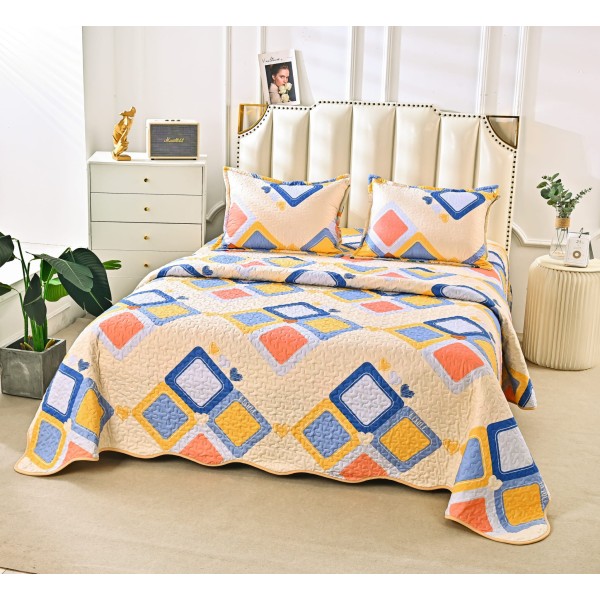 Cuvertura de Pat 3 Piese - Bumbac Satinat, Crem-Multicolor, romburi, CBS-006