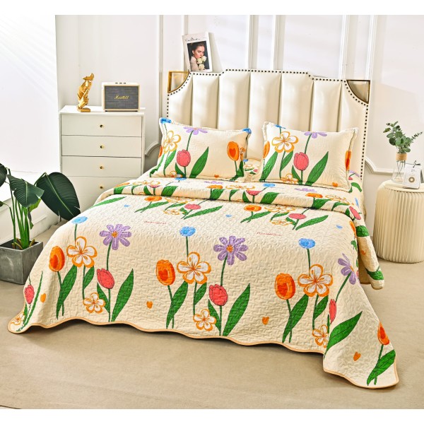 Cuvertura de Pat 3 Piese - Bumbac Satinat, Crem-Multicolor, flori, CBS-003