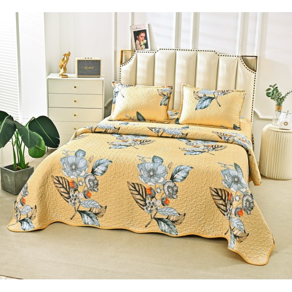 Cuvertura de Pat 3 Piese - Bumbac Satinat, Galben-Multicolor, flori, frunze, CBS-005