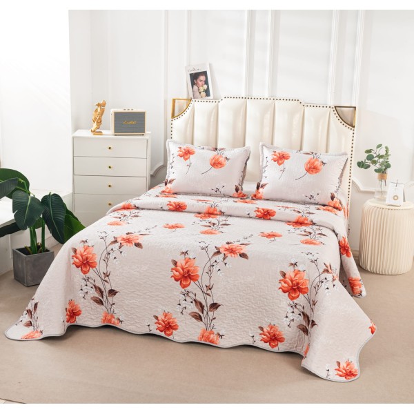 Cuvertura de Pat 3 Piese - Bumbac Satinat, Alb-Multicolor, flori, CBS-056