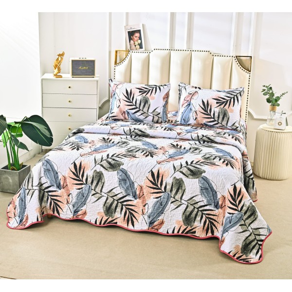 Cuvertura de Pat 3 Piese - Bumbac Satinat, Alb-Multicolor, frunze, CBS-057