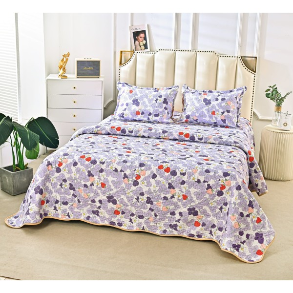 Cuvertura de Pat 3 Piese - Bumbac Satinat, Alb-Multicolor, flori, CBS-058