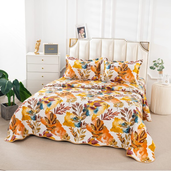 Cuvertura de Pat 3 Piese - Bumbac Satinat, Alb-Multicolor, frunze, CBS-059