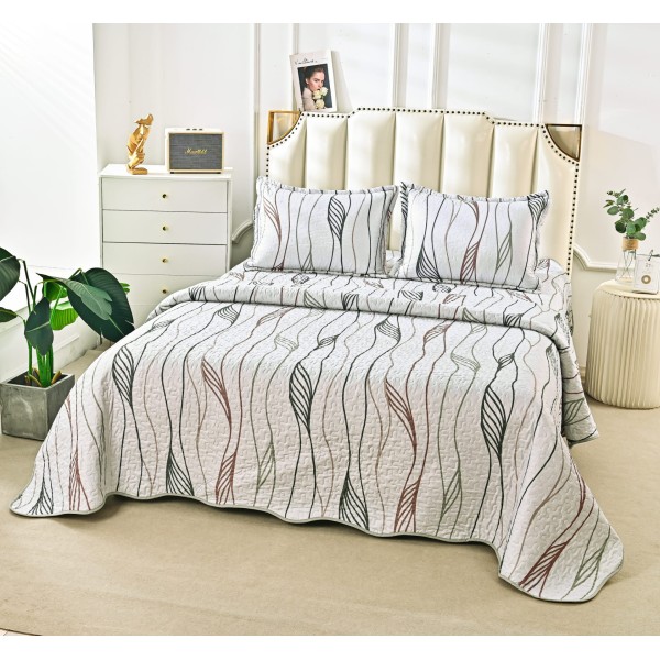Cuvertura de Pat 3 Piese - Bumbac Satinat, Alb-Multicolor, linii, CBS-011