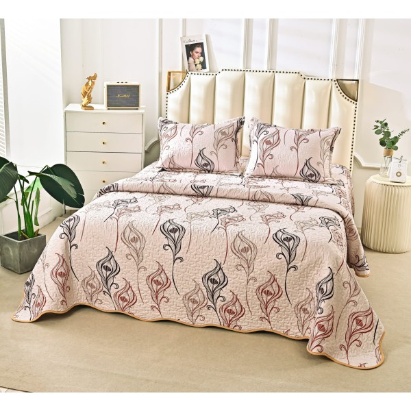 Cuvertura de Pat 3 Piese - Bumbac Satinat, Crem-Maro, frunze, CBS-061