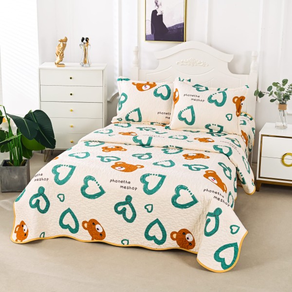 Cuvertura de Pat 3 Piese - Bumbac Satinat, Crem-Verde, inimi, CBS-062