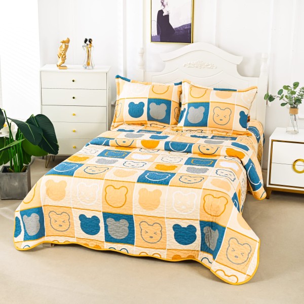 Cuvertura de Pat 3 Piese - Bumbac Satinat, Galben-Albastru, patrate, CBS-064
