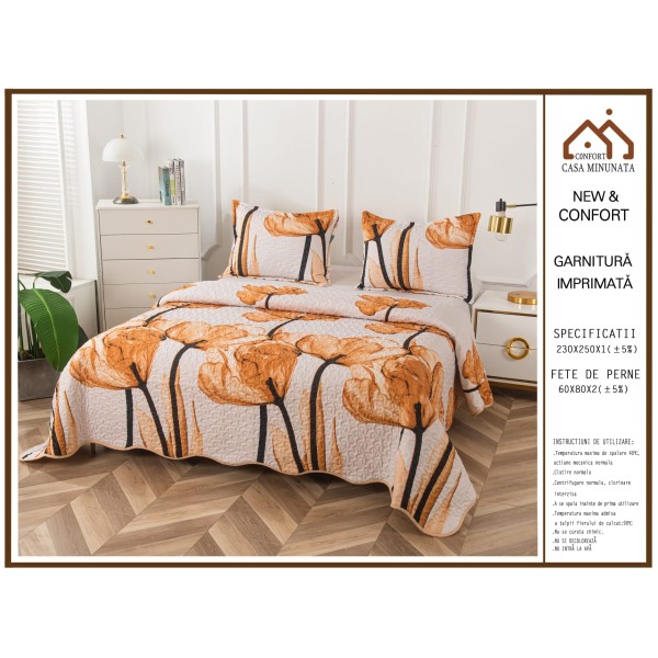 Cuvertura de Pat 3 Piese - Bumbac Satinat, Bej-Multicolor, flori, CBS-065