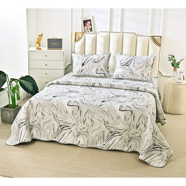 Cuvertura de Pat 3 Piese - Bumbac Satinat, Alb-Verde, linii, CBS-067