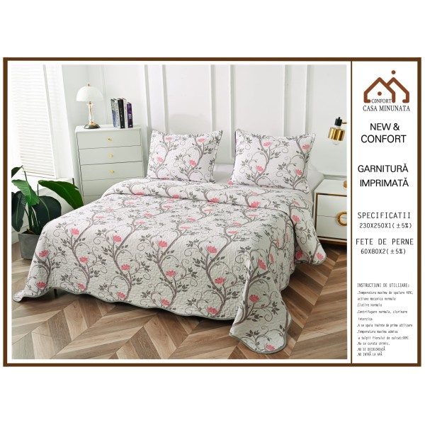 Cuvertura de Pat 3 Piese - Bumbac Satinat, Vernil-Multicolor, flori, CBS-068