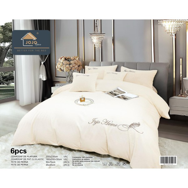 Lenjerie de pat, cu Broderie, Cocolino tip Blăniță Iepure, 2 Persoane, 6 Piese, cu ELASTIC, Crem, LCE-075