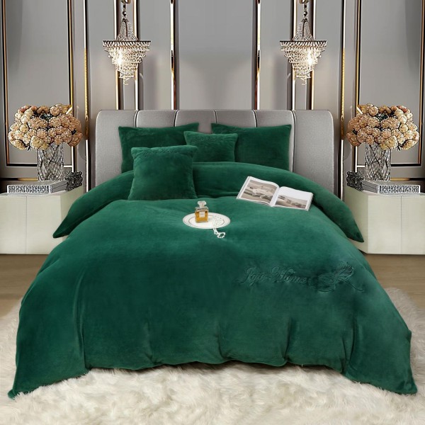 Lenjerie de pat, cu Broderie, Cocolino tip Blăniță Iepure, 2 Persoane, 6 Piese, cu ELASTIC, Verde smarald, LCE-077