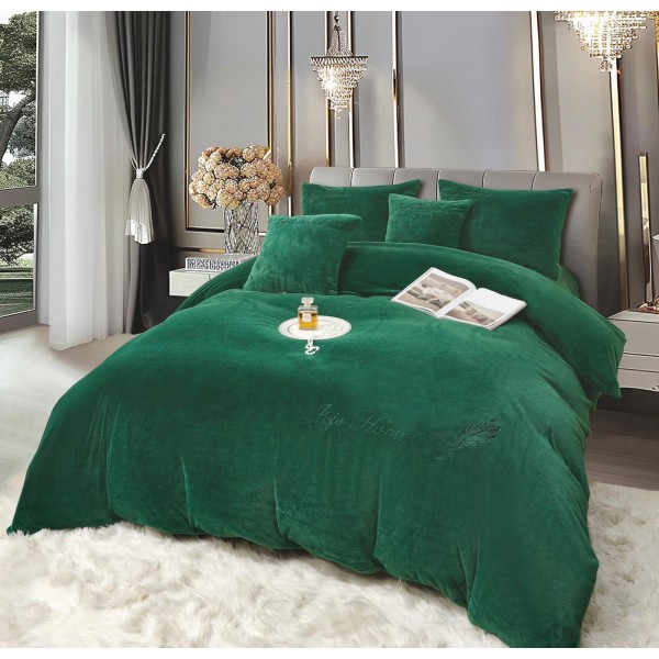 Lenjerie de pat, cu Broderie, Cocolino tip Blăniță Iepure, 2 Persoane, 6 Piese, cu ELASTIC, Verde smarald, LCE-077