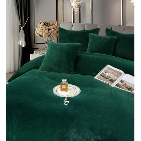 Lenjerie de pat, cu Broderie, Cocolino tip Blăniță Iepure, 2 Persoane, 6 Piese, cu ELASTIC, Verde smarald, LCE-077