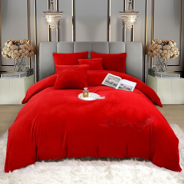 Lenjerie de pat, cu Broderie, Cocolino tip Blăniță Iepure, 2 Persoane, 6 Piese, cu ELASTIC, Rosu, LCE-078