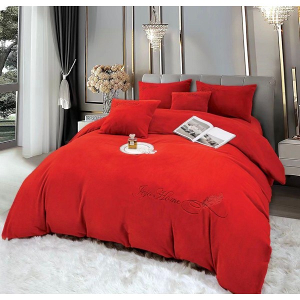 Lenjerie de pat, cu Broderie, Cocolino tip Blăniță Iepure, 2 Persoane, 6 Piese, cu ELASTIC, Rosu, LCE-078