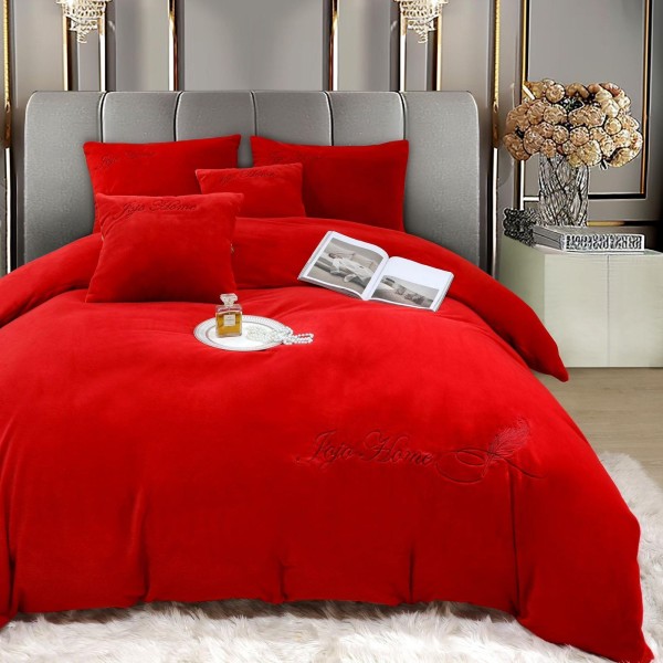 Lenjerie de pat, cu Broderie, Cocolino tip Blăniță Iepure, 2 Persoane, 6 Piese, cu ELASTIC, Rosu, LCE-078