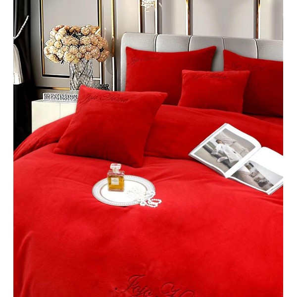 Lenjerie de pat, cu Broderie, Cocolino tip Blăniță Iepure, 2 Persoane, 6 Piese, cu ELASTIC, Rosu, LCE-078