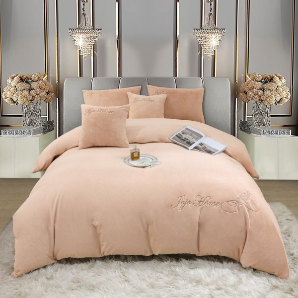 Lenjerie de pat, cu Broderie, Cocolino tip Blăniță Iepure, 2 Persoane, 6 Piese, cu ELASTIC, Bej, LCE-082