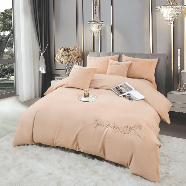 Lenjerie de pat, cu Broderie, Cocolino tip Blăniță Iepure, 2 Persoane, 6 Piese, cu ELASTIC, Bej, LCE-082