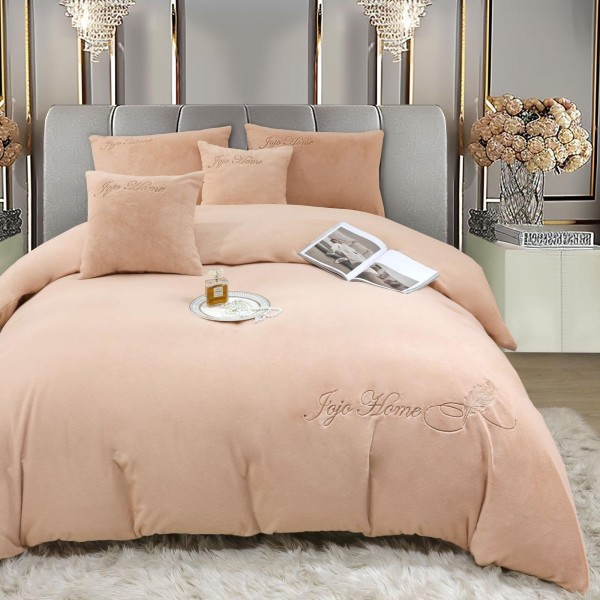 Lenjerie de pat, cu Broderie, Cocolino tip Blăniță Iepure, 2 Persoane, 6 Piese, cu ELASTIC, Bej, LCE-082