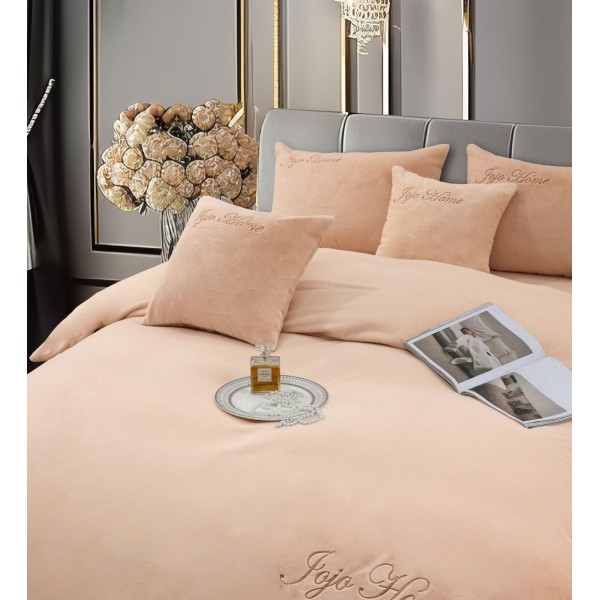 Lenjerie de pat, cu Broderie, Cocolino tip Blăniță Iepure, 2 Persoane, 6 Piese, cu ELASTIC, Bej, LCE-082