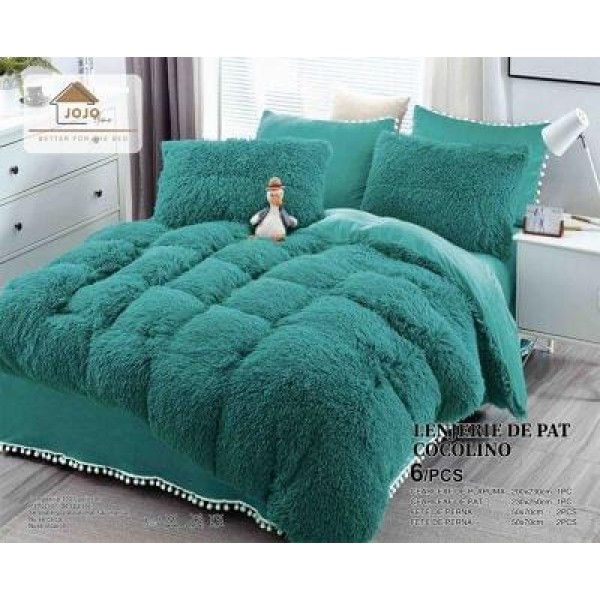 Lenjerie Fluffy Verde Menta 6 Piese Pat Dublu – Moale, Călduroasă și Elegantă, LCF-005