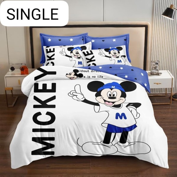 Lenjerie Pat, 1 Persoana, 4 piese, Bumbac Finet, Alb-Multicolor, Alb-Blue, Mickey, LCC-016