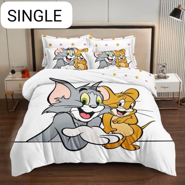 Lenjerie Pat, 1 Persoana, 4 piese, Bumbac Finet, Alb-Multicolor, Tom & Jerry, LCC-015