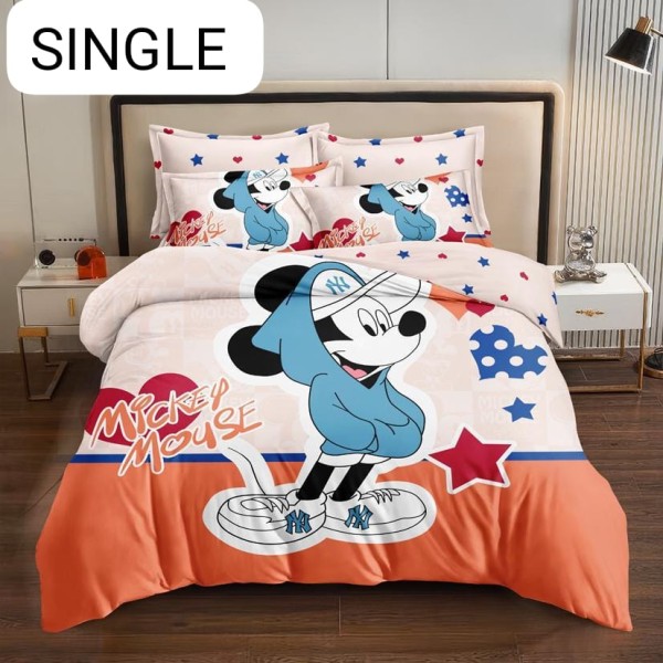 Lenjerie Pat, 1 Persoana, 4 piese, Bumbac Finet, Roz-Multicolor, Mickey Mouse, LCC-014