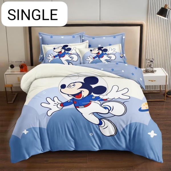 Lenjerie Pat, 1 Persoana, 4 piese, Bumbac Finet, Blue-Alb, Mickey, LCC-011