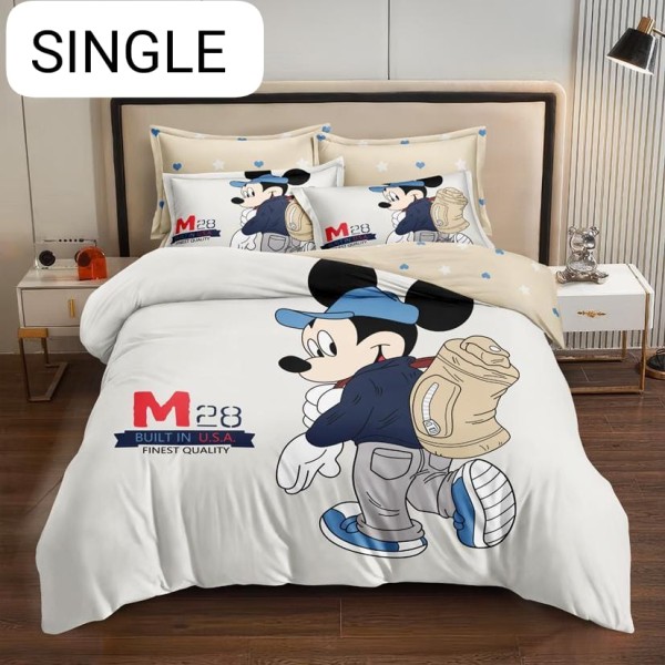 Lenjerie Pat, 1 Persoana, 4 piese, Bumbac Finet, Crem-Multicolor, Mickey, LCC-010