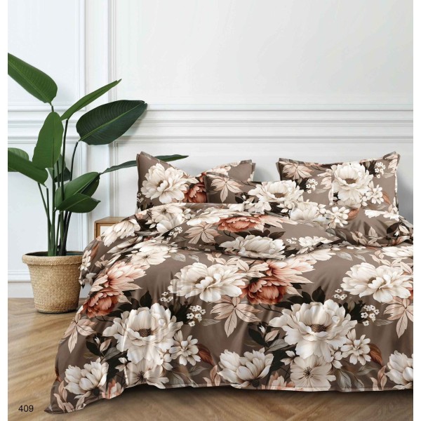 Lenjerie pat dublu, 4 piese, Bumbac Satinat Superior, Maro, flori, LDBS-220