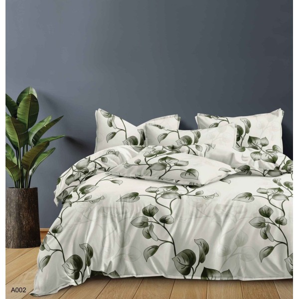 Lenjerie pat dublu, 4 piese, Bumbac Satinat Superior, Alb, frunze, LDBS-242