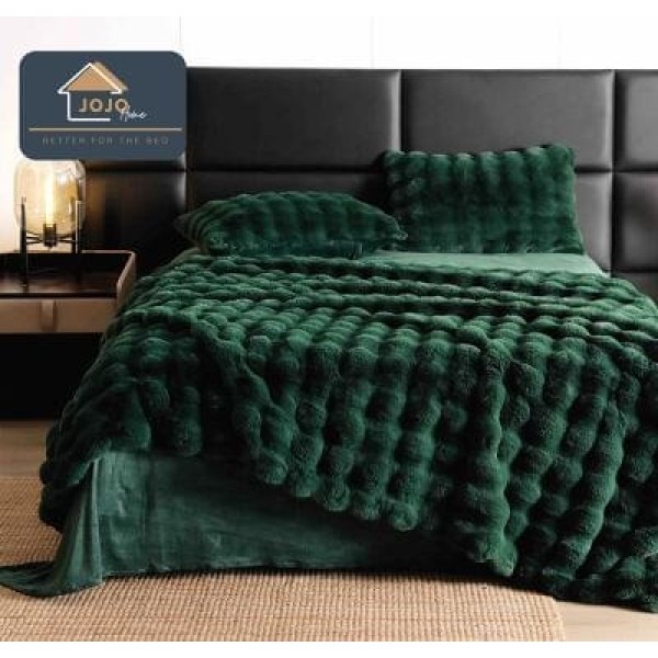 Lenjerie de pat, DeLuxe, cocolino tip blăniță iepure, 2 persoane, 6 piese, Verde smarald, LCE-043