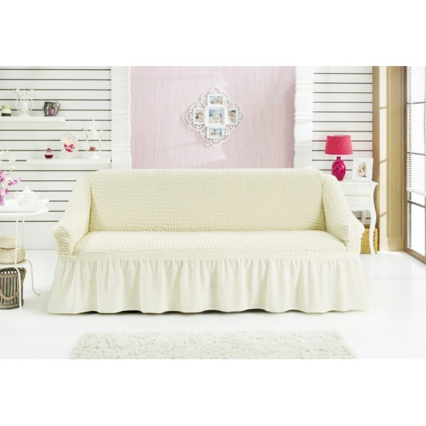 Husa Creponata cu Volan pentru Canapea 3 Locuri, Crem, HCV-018