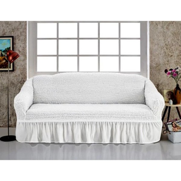 Husa Creponata cu Volan pentru Canapea 3 Locuri, Alb, HCV-017