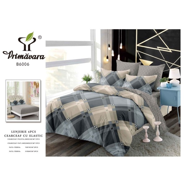 Set Lenjerie de pat din Finet Gros, Cearceaf cu ELASTIC, 6 Piese, Pat 2 Persoane, Crem-Gri, romburi, LDE-113