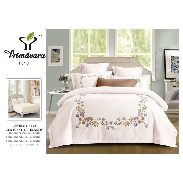 Lenjerie 4 piese pat dublu – bumbac fin, cearșaf cu elastic, Crem, LFB-001