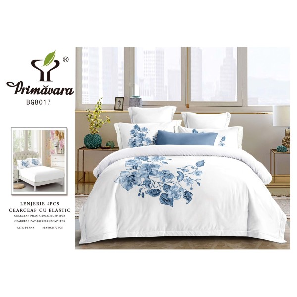 Lenjerie 4 piese pat dublu – bumbac fin, cearșaf cu elastic, Alb, LFB-002