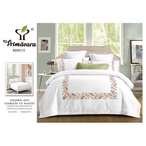 Lenjerie 4 piese pat dublu – bumbac fin, cearșaf cu elastic, Alb, LFB-003