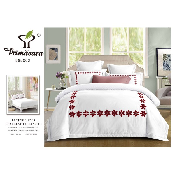 Lenjerie 4 piese pat dublu – bumbac fin, cearșaf cu elastic, Alb, LFB-004